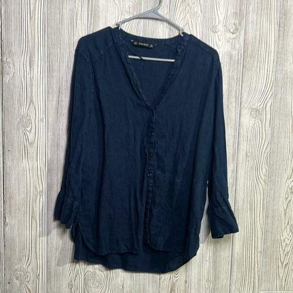 Women’s Zara Basic Blouse Navy Blue Linen Size Xl - Picture 1 of 5